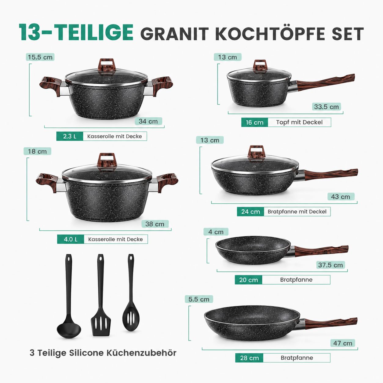Topfset Induktion und Pfannenset Induktions Töpfe Set 13-teiliges Granit-Antihaft-Kochgeschirr Set mit Bratpfann, Kochtopf & Stielkasseroll, Glasdeckeln, PFAS und PFOA Frei