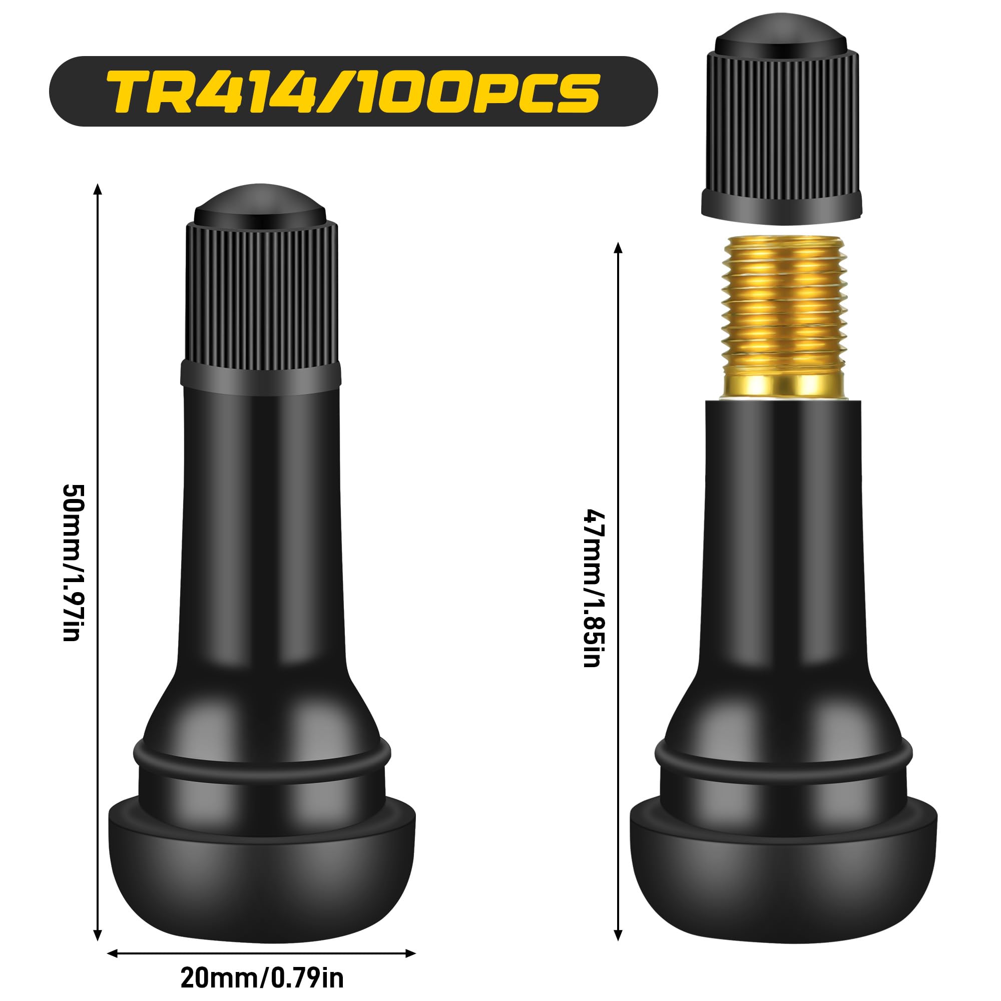 Zocipro 100Pcs TR414 Válvula de Goma para Neumáticos, Snap-in Tire Válvula del Neumático con Tapas de Polvo, Válvulas Rueda Universales para Llantas sin Cámara de Aire de Coches y Motos