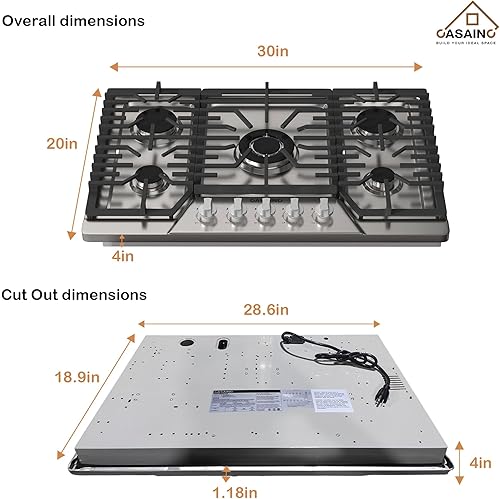 Miniatura 4 de CASAINC Placa de cocina de gas de 30 pulgadas con 5 quemadores de potencia, estufa de gas integrada de acero inoxidable 304, placa de gas NGLPG