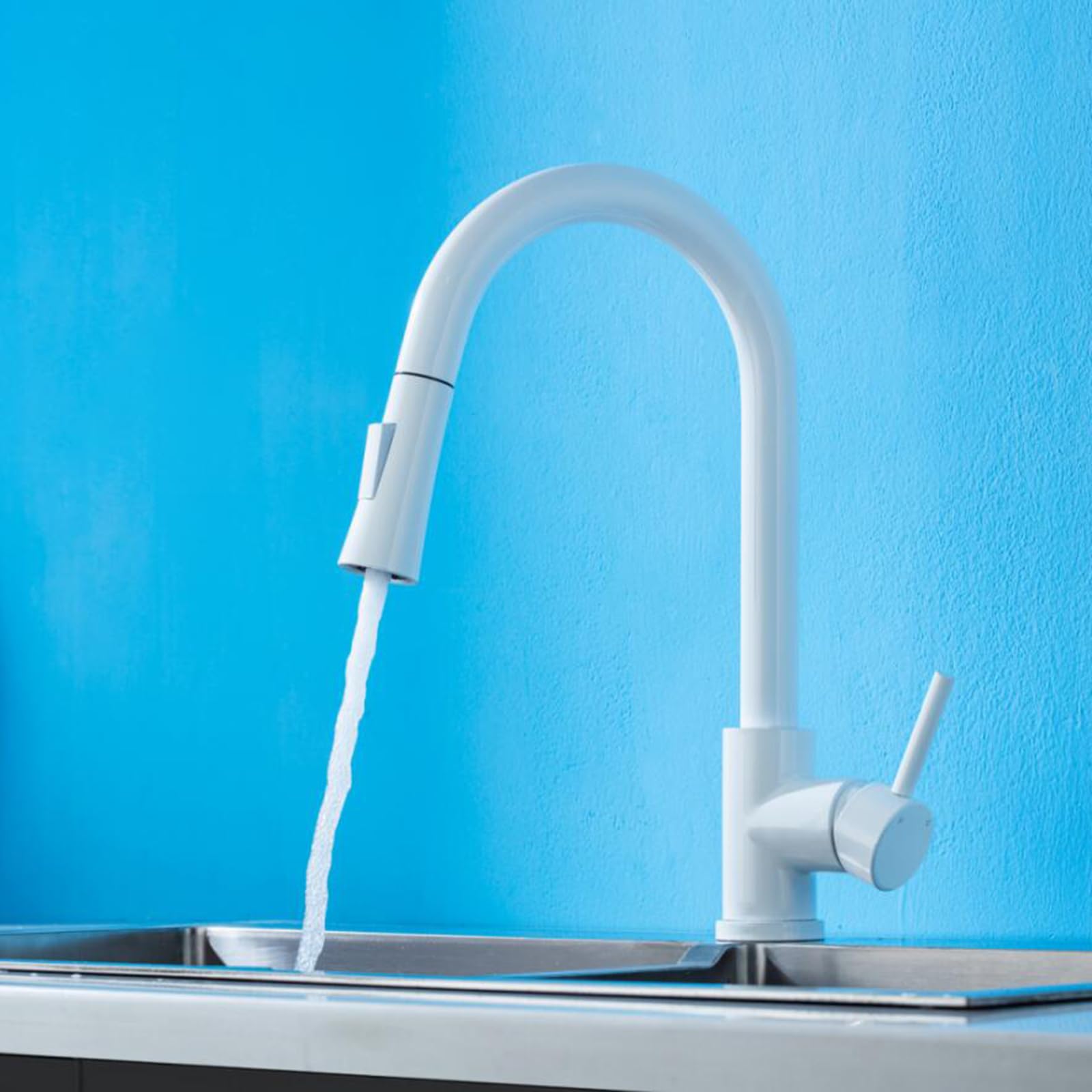 Grifo Mezclador Moderno para baño y Cocina con rociador extraíble, Acero Inoxidable Blanco, 2 Modos de Agua fría y Caliente, Monomando, Blanco
