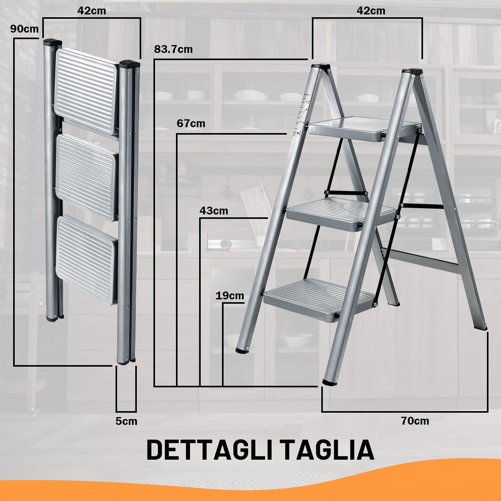 XinSunho Scala a 3 Gradini, Scaletta Pieghevole, Scaletto Domestica con Gradini Antiscivolo, Leggera e Compatta, Carico 150kg, Scaletto Portatile in Acciaio, Grigio