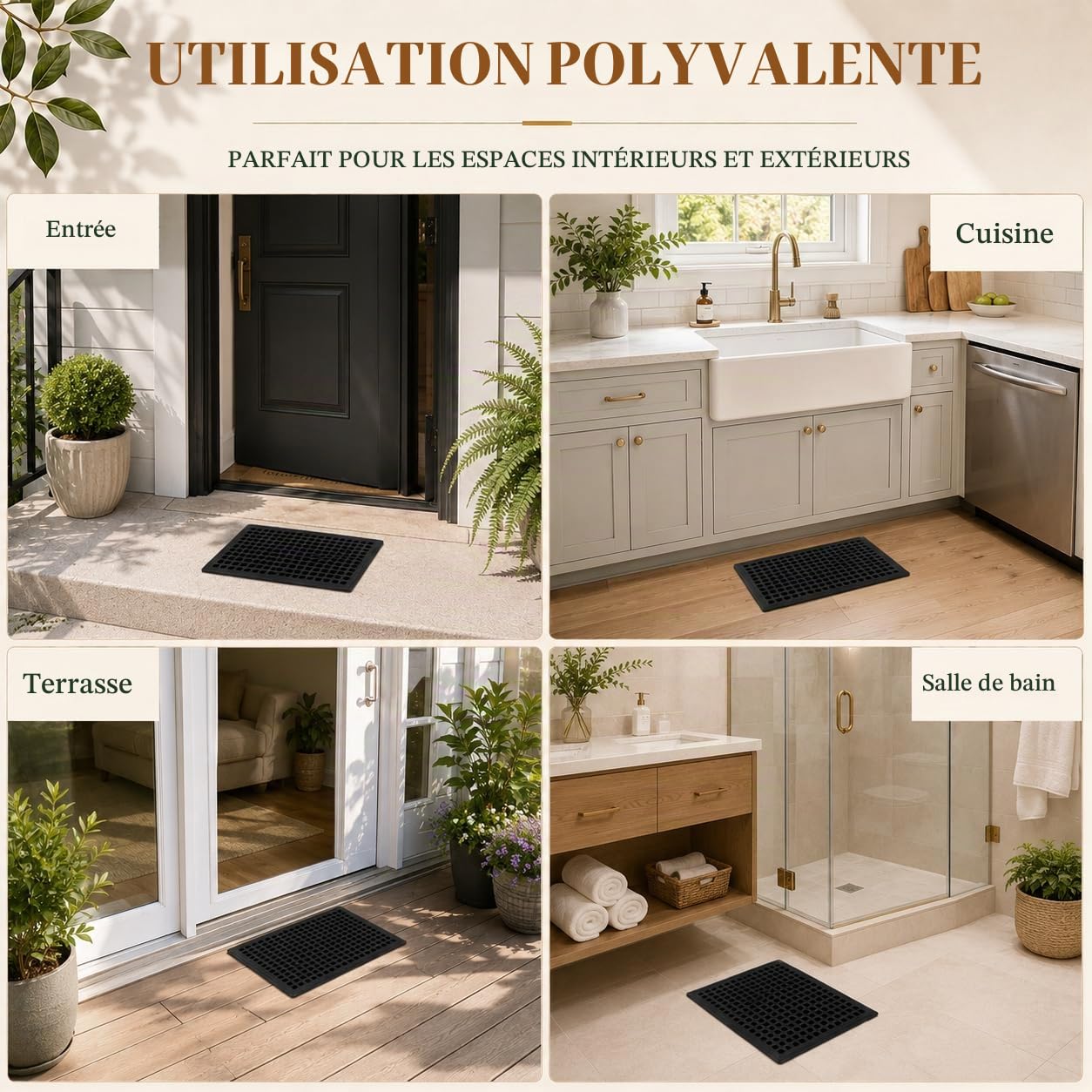 Tapis d'Extérieur Rectangulaire Antidérapant Noir, 91cmx61cm, Anti-Fatigue et Facile à Nettoyer pour Cuisine, Salle de Bain, Entrepôt et Zones de Travail Industrielles