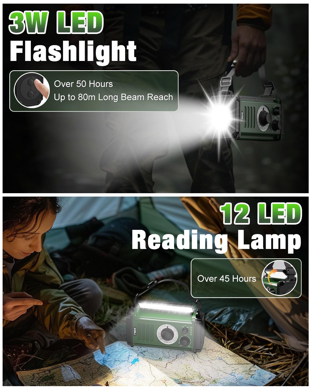 10000mAh/37000mWh Hand Crank Emergency Radio, NOAA Weather Radio with AM/FM, Rechargeable Battery Solar Powered, Flashlight & Reading Light, SOS Alarm Cell Phone Charger for Indoor Outdoor Emergencies