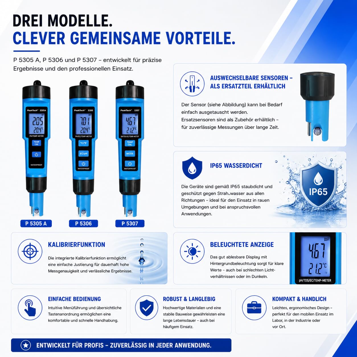 PeakTech P 5307 – 4 in 1 PH-Meter in Stiftform für PH/EC/TDS/TEMP