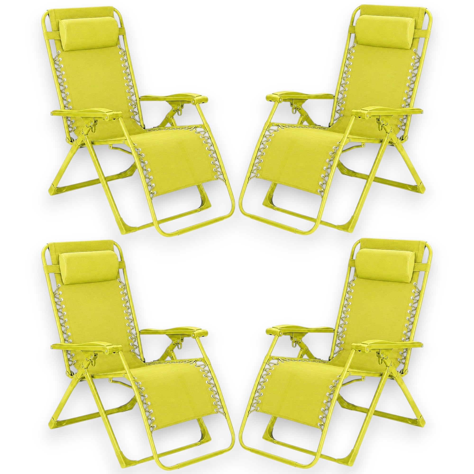 KORAT - Set 4 Sedie Sdraio Pieghevole Reclinabile Zero Gravity da Giardino e Spiaggia, con Poggiatesta e Braccioli, Struttura in Acciaio, Tessuto Oxford Impermeabile, 110x65x90 cm - Giallo Lime