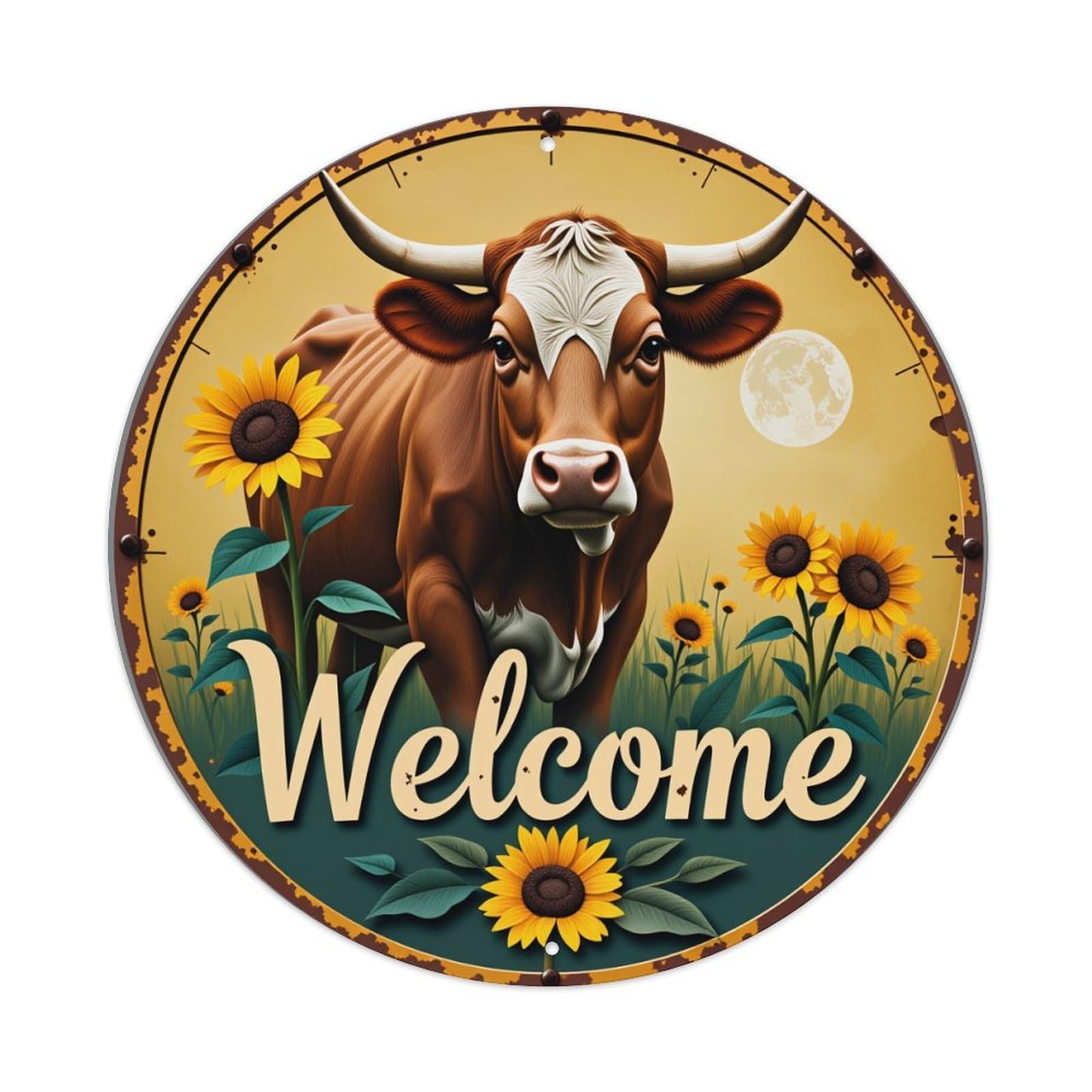 Cow Sunflower Moon Welcome Rustic Round Tin Sign Vintage Style Metal Sign Home Bar Garden Wall Plaque Decor Metal Poster 8x8 Inch