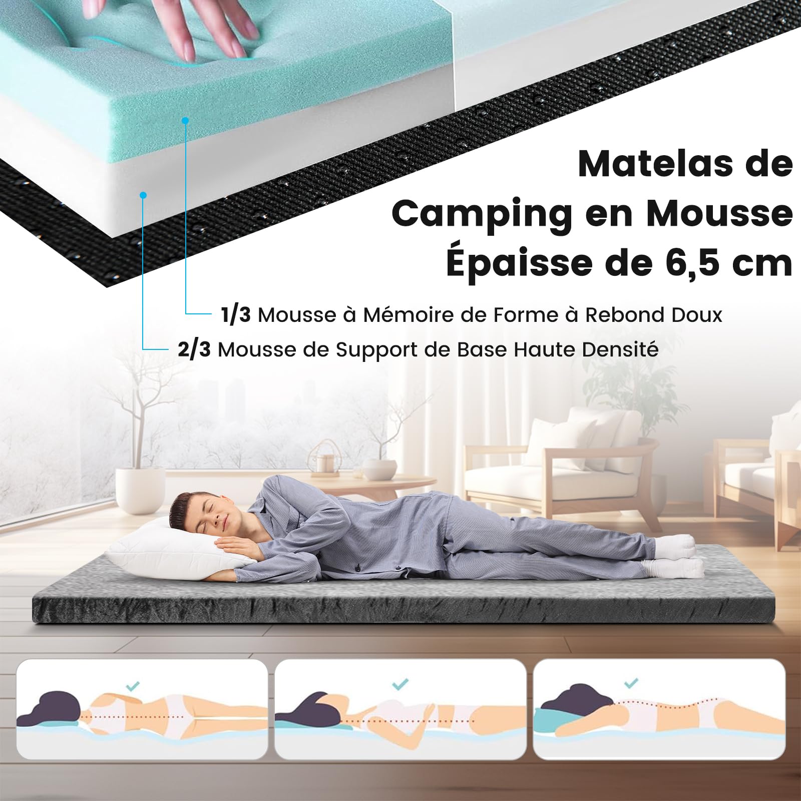 GOPLUS - Colchón portátil de espuma con memoria de forma, colchoneta enrollable ligera con bolsa de transporte, funda impermeable, para camping, viajes, senderismo, 183 x 62,5 x 6,5 cm