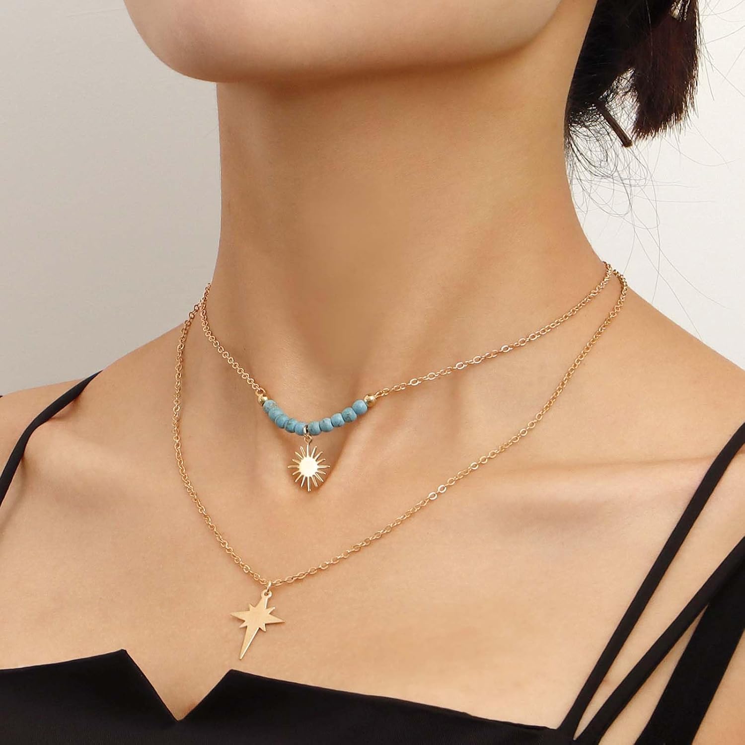 Andelaisi Boho Layered Sunburst Pendant Necklace Vintage Turquoise Bead Choker Necklace Gold Celestial Star Necklace Adjustable Sun Star Chain Necklace Jewelry for Women - Image 5