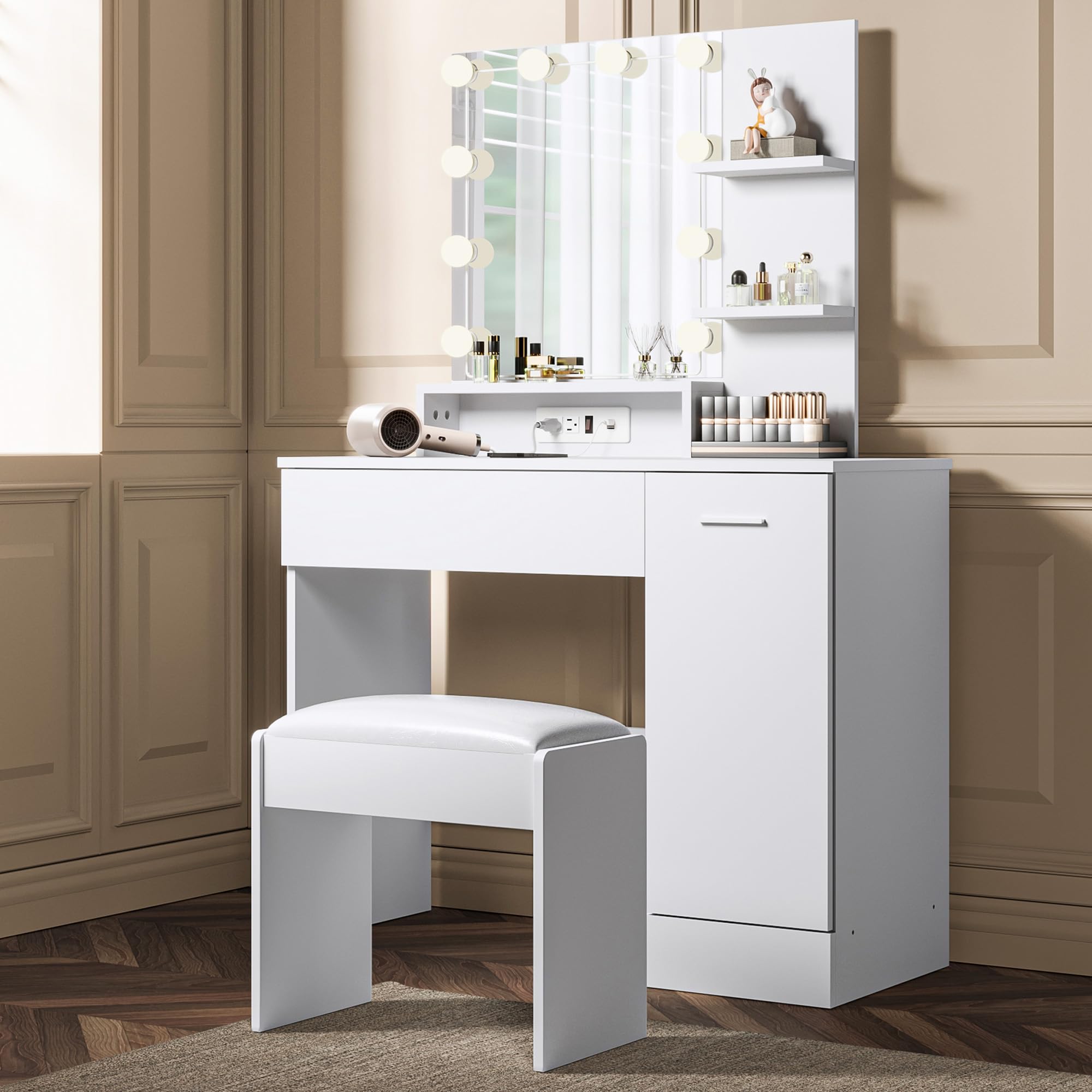 Cozy Castle Vanity Desk with Charging Station and Drawer, Makeup Vanity Desk with DIY Mirror and Lights, Vanity Table for Bedroom, White