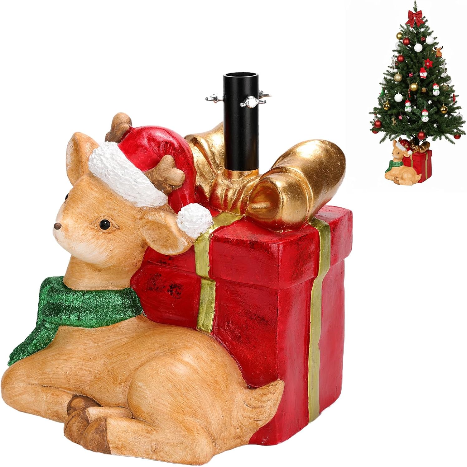 BUTILIVEEN Christmas Tree Stand Base for Artificial Trees, Reindeer Statue with Decorative Gift Box Design - Tree Stand and Collar Alternative for Holiday Display incomplete