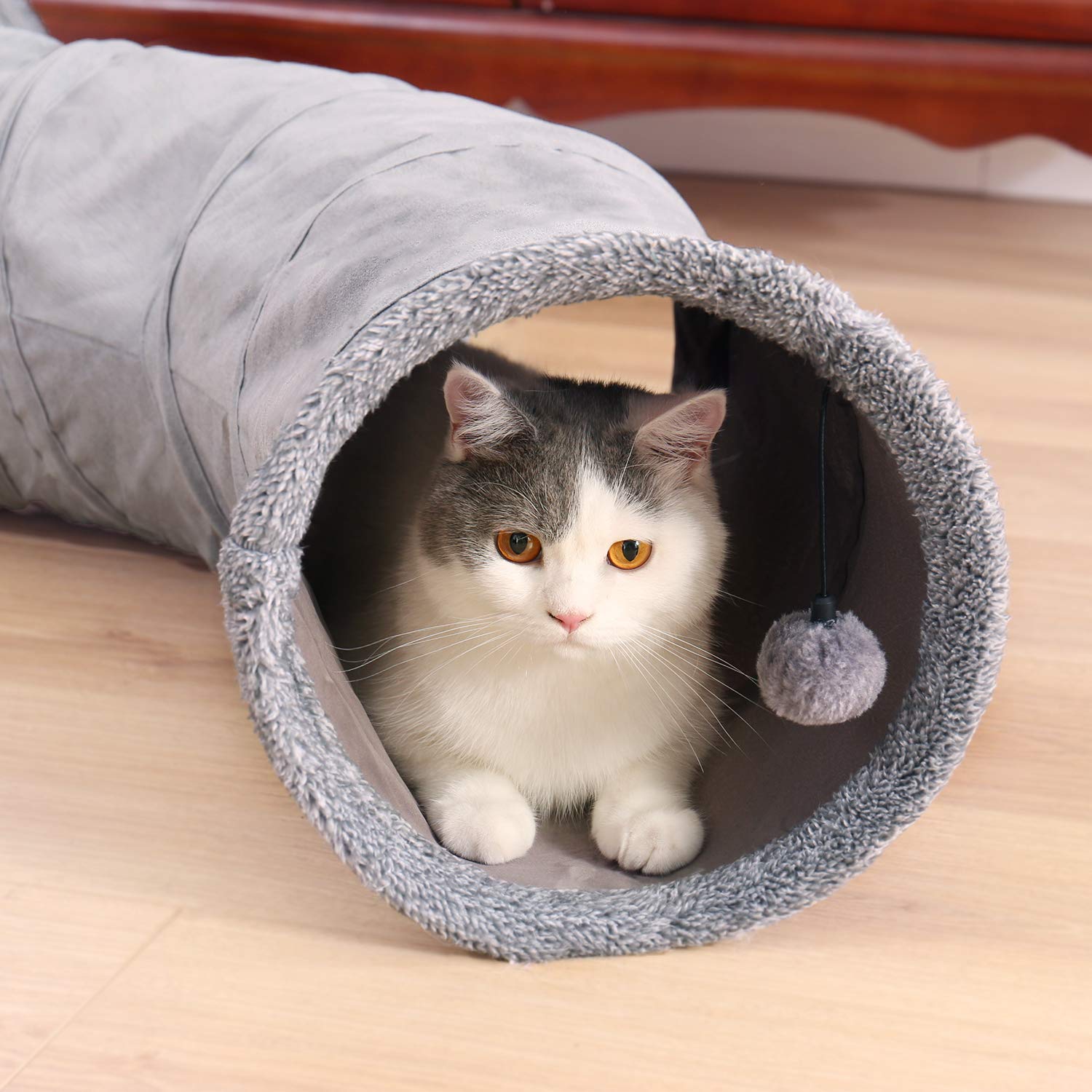 OHANA S Forme Jouet Tunnel pour Chat en Daim, Grand Tunnel a Chat Pliable avec 2 Trous et Boule Suspendue pour Chats Chatons Lapins Dia27 * 117cm
