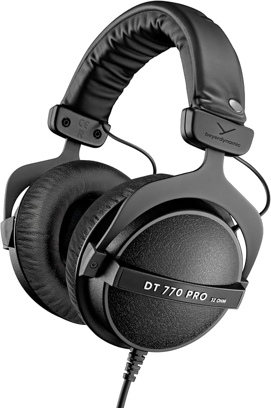beyerdynamic DT 770 PRO, 32 Ohm, Closed Back, Over Ear, Wired Professional Studio Headphones, Mobile Recording, Monitor, Podcast, Gaming, 1.6m Straight Cable, Black with Black Leatherette Ear Pads