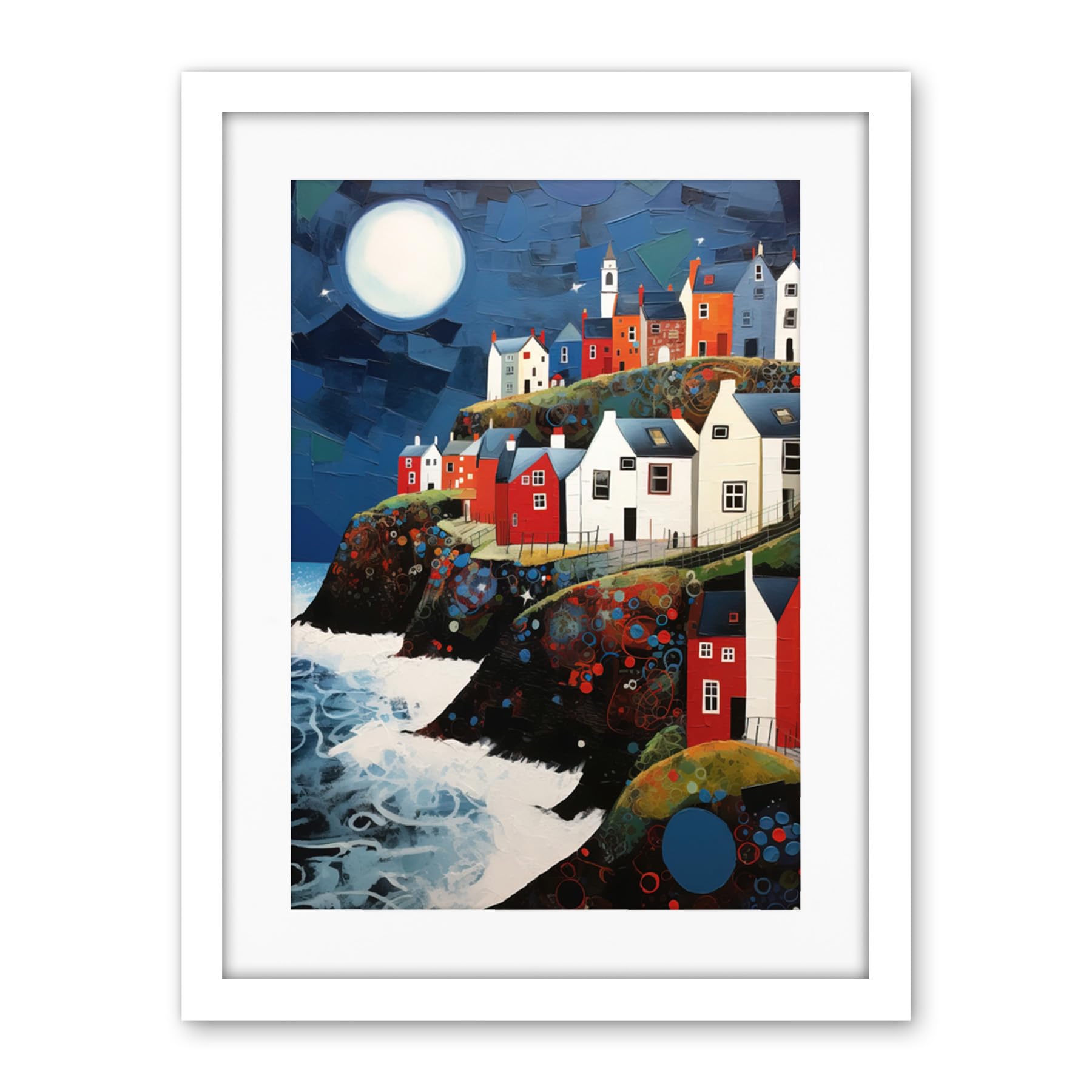 Artery8 Seaside Village Houses on Cliff Folk Art Oil Painting Bathroom Artwork Full Moon Night Waves Coastal Landscape Artwork Framed Wall Art Print 18X24 Inch