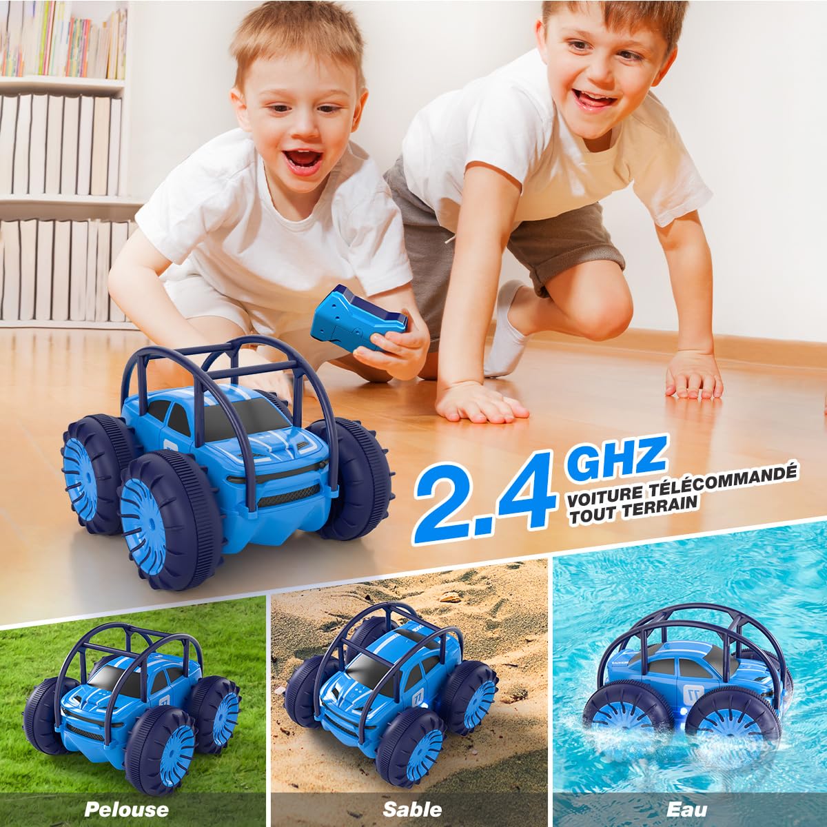 MaxTronic Coche anfibio teledirigido, carga directa USB-C, resistente al agua, 4 WD 15 km/h, 2,4 G, coche teledirigido, sin cambio de batería, luz LED de 360°, regalo para niños de 3 a 12 años