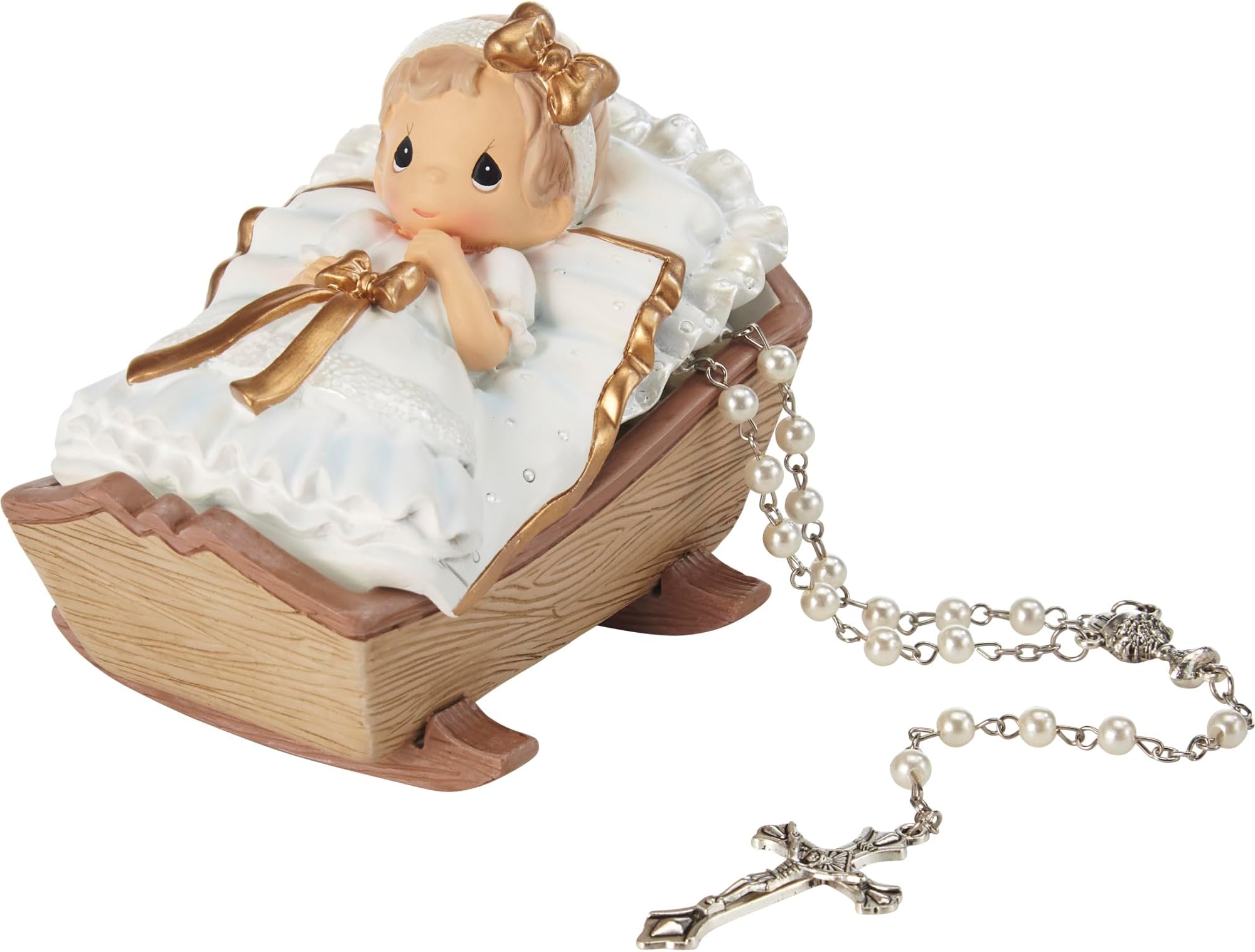 Precious Moments Baby in Cradle Baptism Rosary Box – Girl, White Painted Resi...
