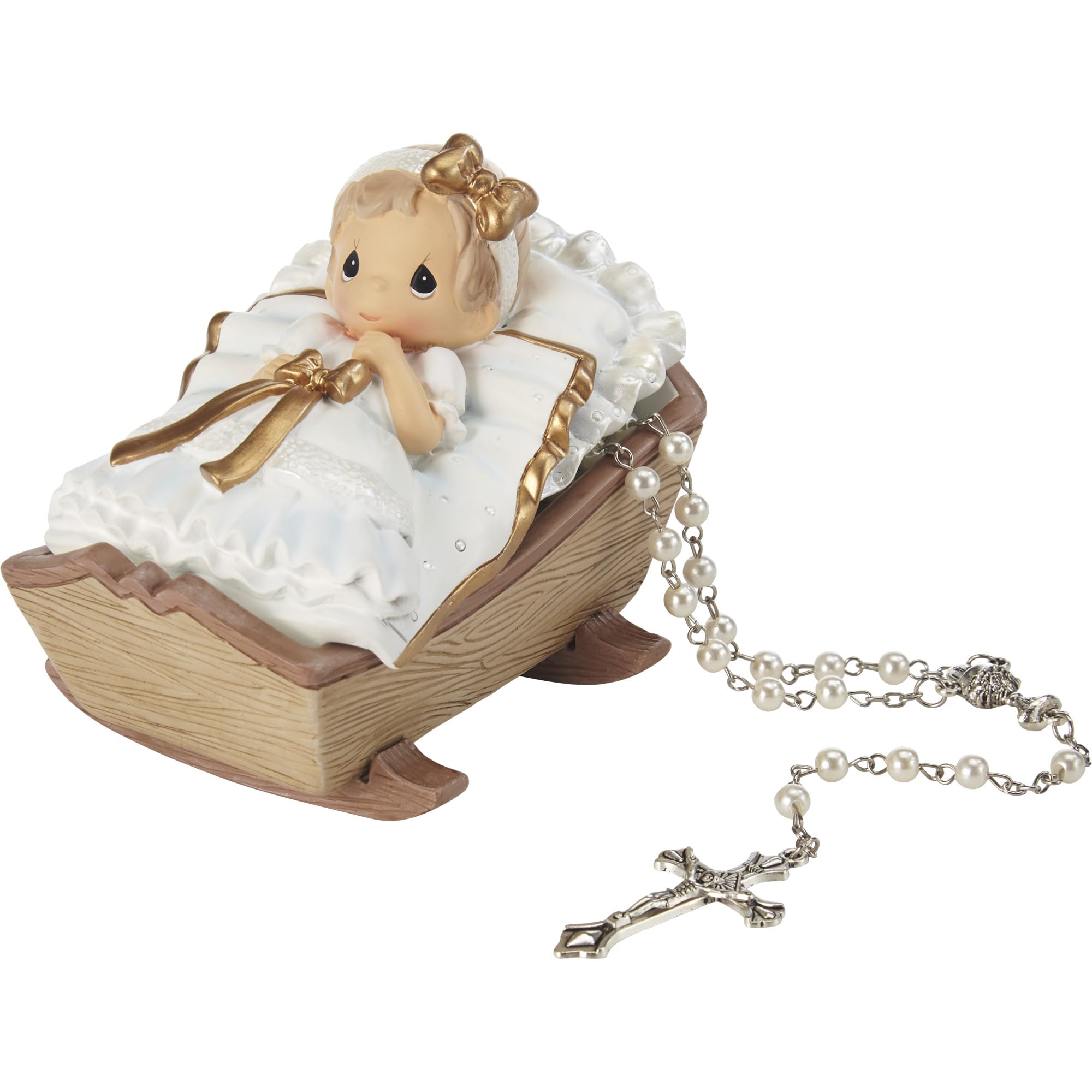 Baby in Cradle Baptism Rosary Box – Girl, White Painted Resin Keepsake with Rosary Included – Ideal Christening or Baptism Gift