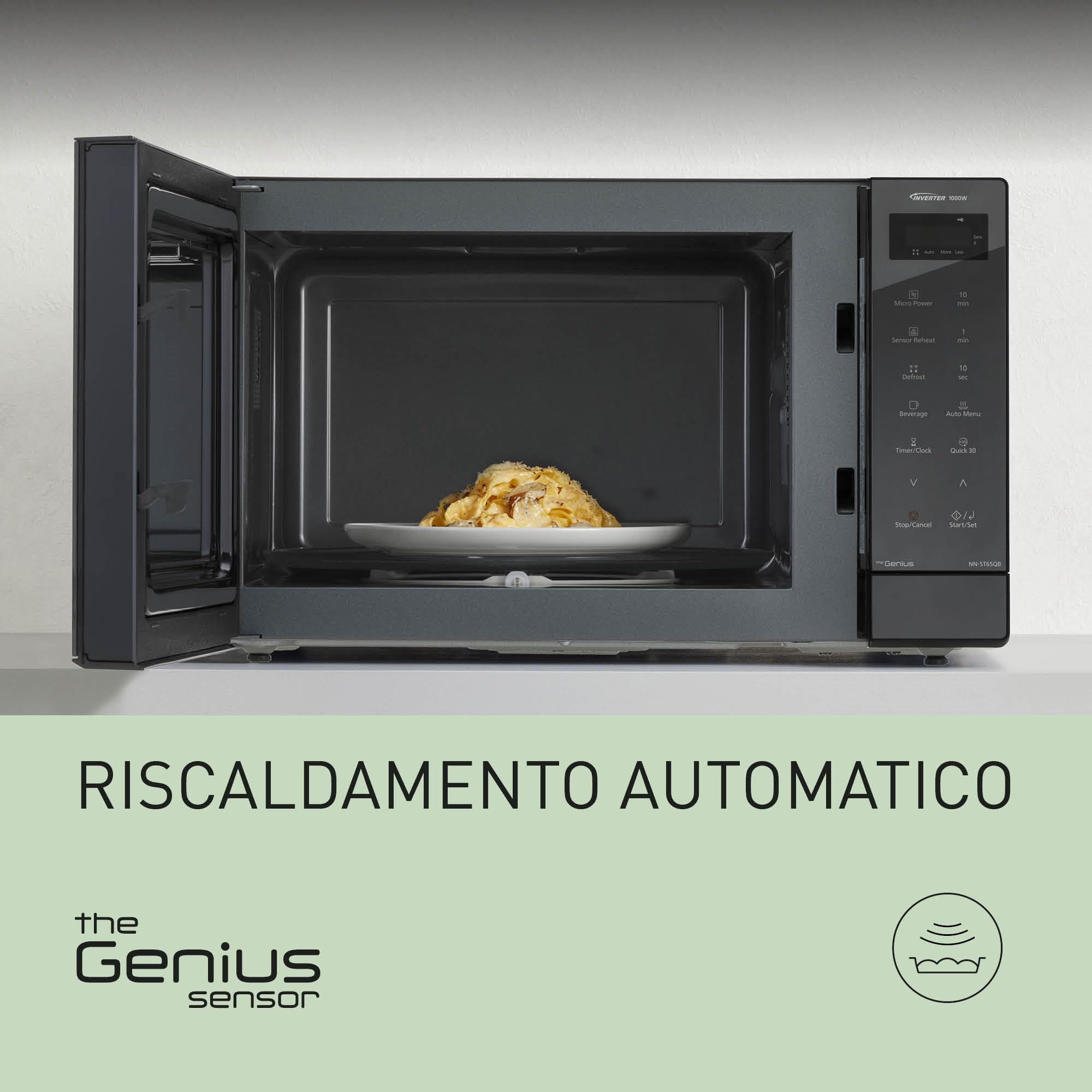 Panasonic NN-ST65QBEPG Microonde Solo Inverter 32L, 1000 Watt Potenza, Tecnologia Genius Sensor, 20 Programmi Auto, Funzione Quick 30, Controllo Touch, Grande Piatto Girevole, Nero