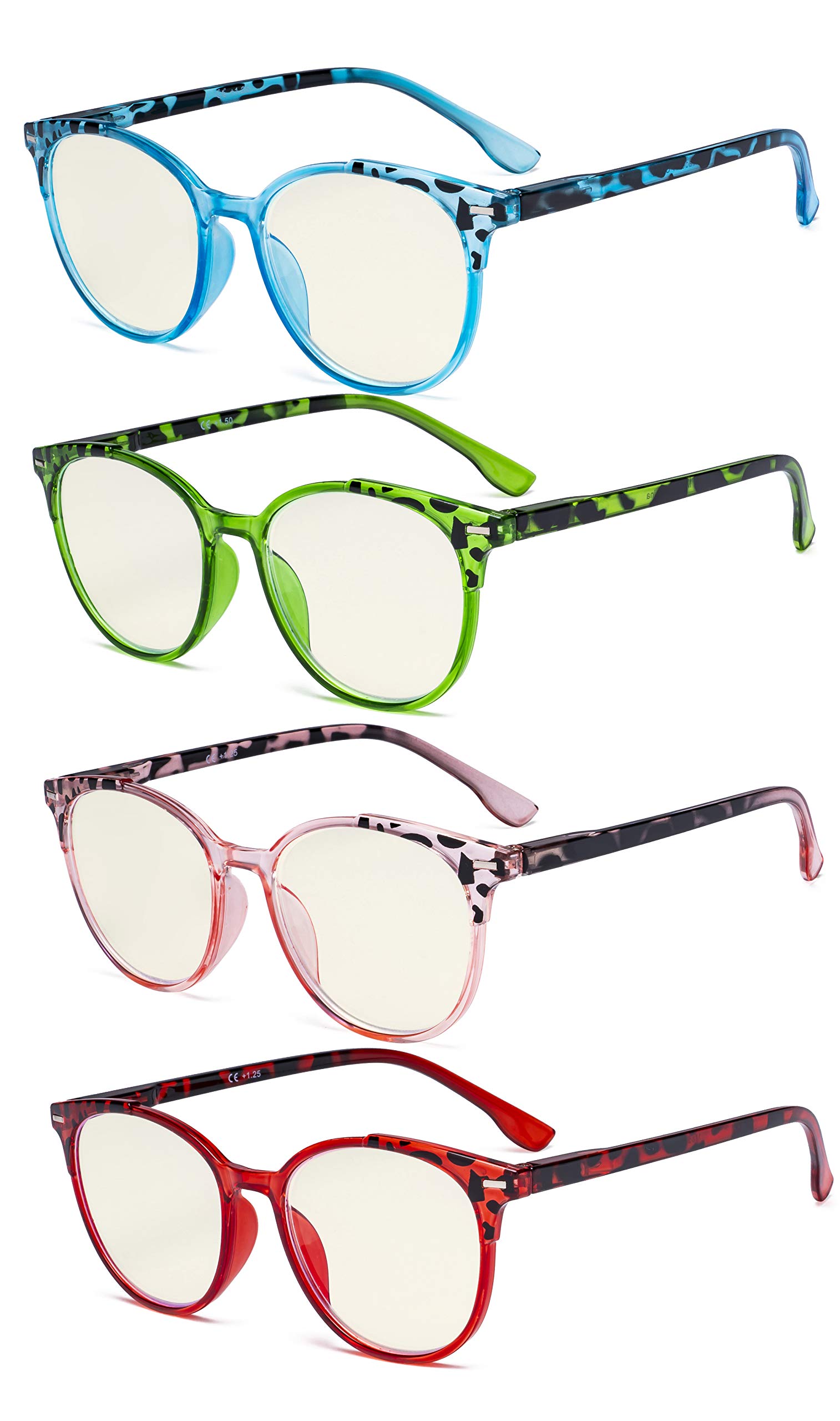 GTSY 4 Pack Round Blue Light Reading Glasses for Women - Ladies Oversized Computer Readers