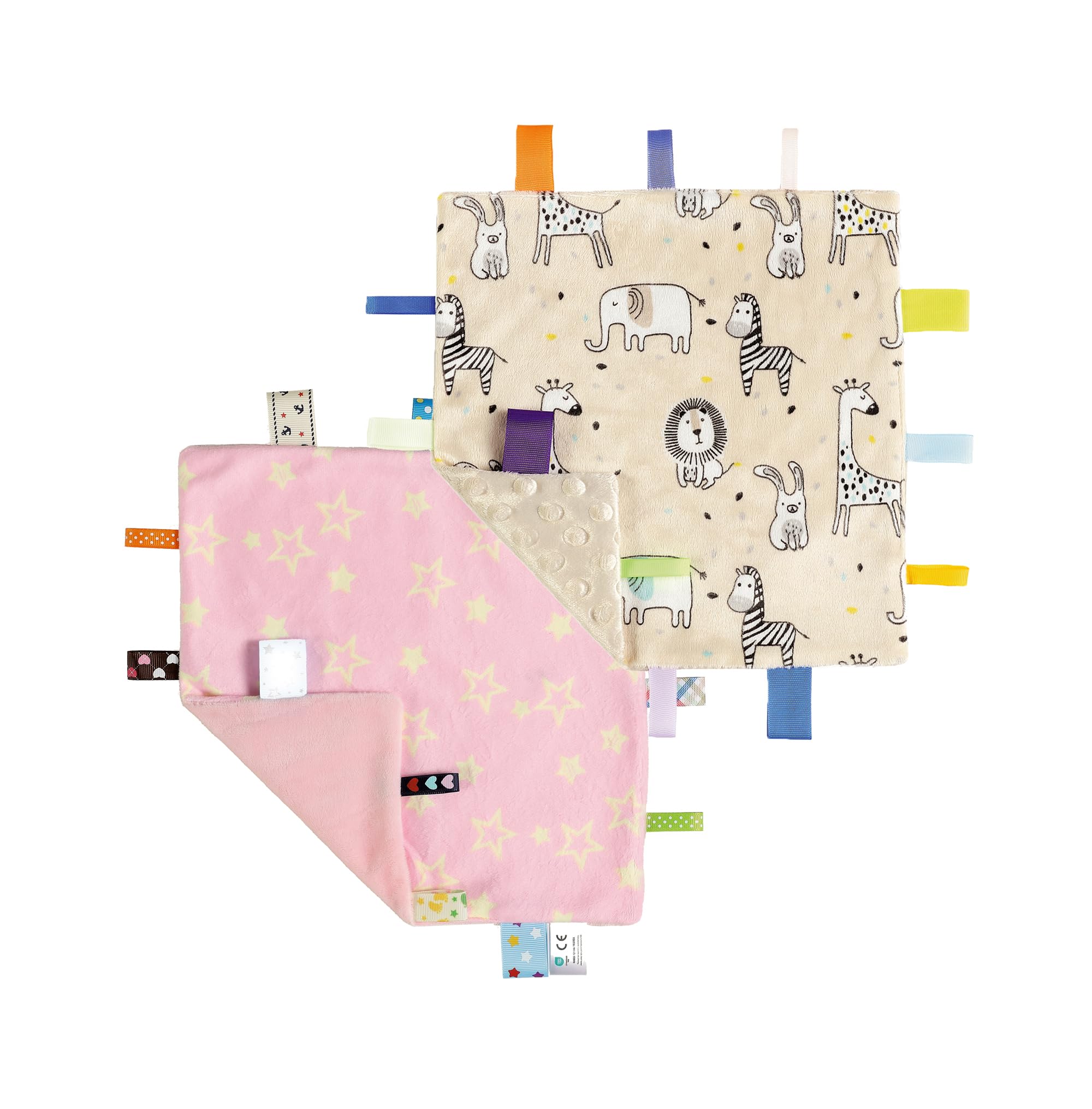 CREVENT Tag Security Blankets for Babies, Soft Small Loveys for Boys, Baby Comforter Sensory Blanket, Great Gifts for Birthday Baby Shower - 10"X10" Pink Star + Zoo
