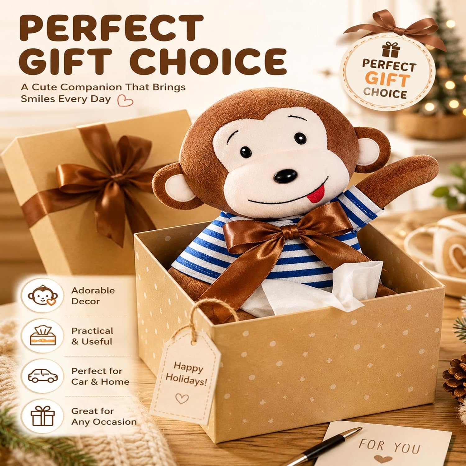 Plush Monkey Tissue Box Holder, Plush Pocket Tissue Cover for Car, Home, Office, Desk, Bathroom, Cute Decorative Soft Organizer (Raccoon Hanging) image 3