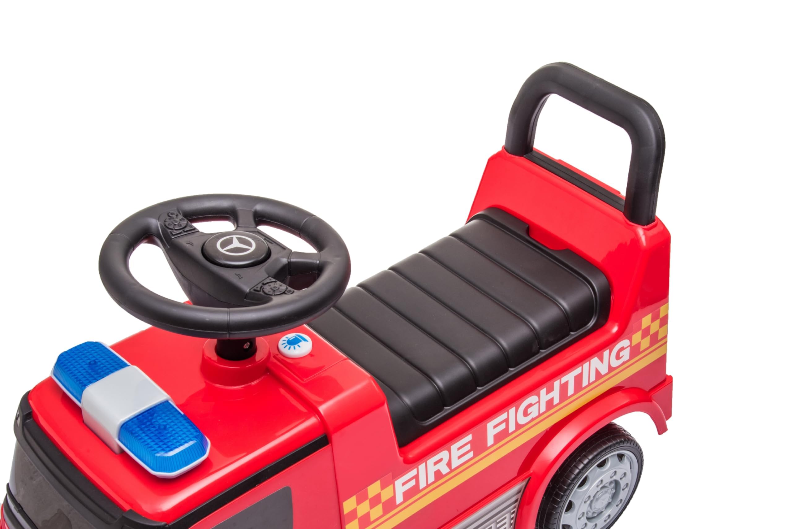 Camion Pompieri Cavalcabile Primi Passi per Bambini 1‑3 Anni con Licenza Mercedes – Sirena, Clacson, Schienale Ergonomico, Vano Portaoggetti, Antiribaltamento