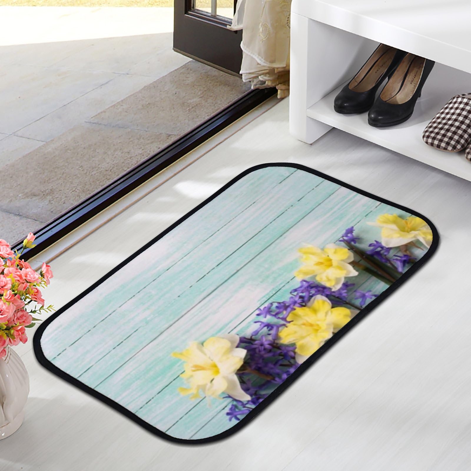 QAZPL Nuansexi Bathroom Rugs Bright Yellow Blue Spring Flowers Wooden Floor Mats Non Slip Bathmat Doormat Tub Mat Coral Velvet Absorbent Entrance Carpet Mats Machine Washable Bedroom Decor