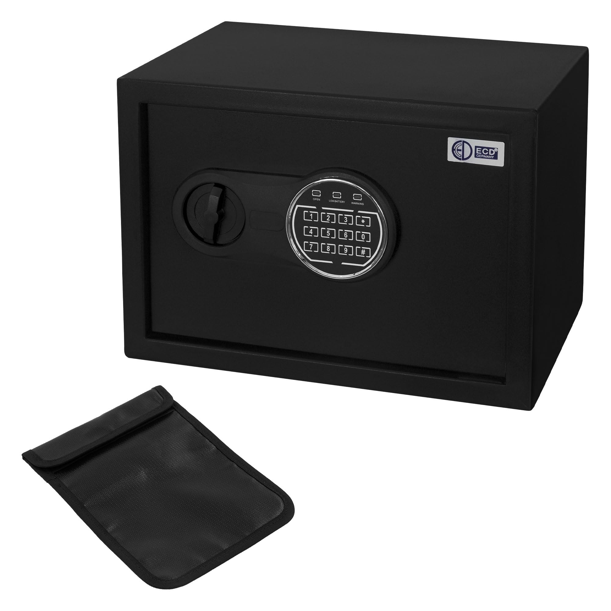 ECD Germany Caja Fuerte de Seguridad Eléctronica 16L 35x25x25 cm Pequeña con Bolsa Ignífuga, Teclado Númerico Digital, Luz de Sensor y Código PIN Metal Negro Depósito Seguro de Pertenencias