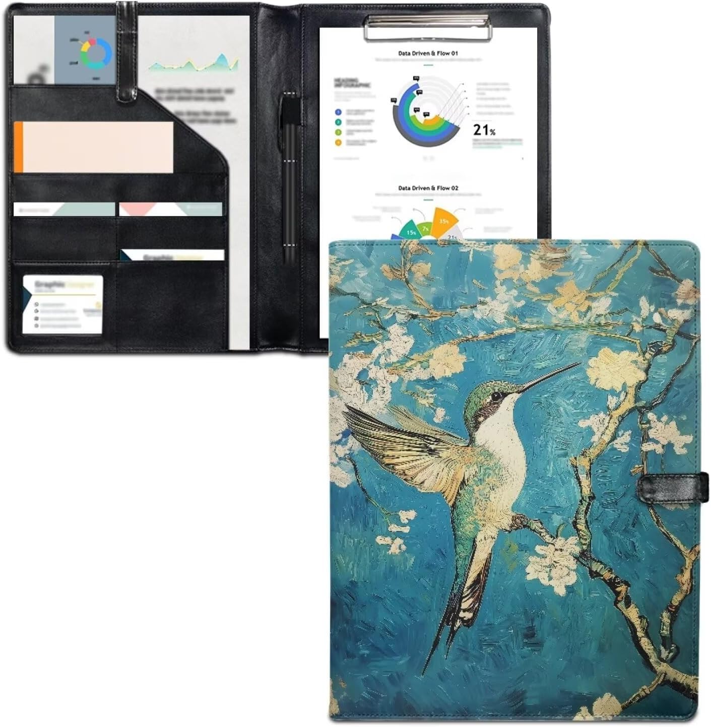 Oil Painting Leather Folder Padded Padfolio, Hummingbirds Flowers Plants Portfolio Organizer Document Planner Business Document Case Organizer Paperwork Holder with Pen Binder