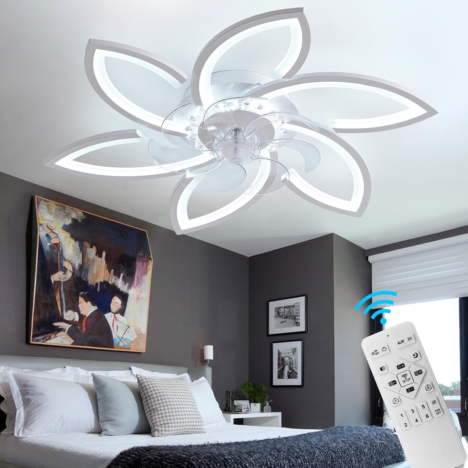 30" Modern Ceiling Fan with Lights Remote Control, Low Profile Ceiling Fan with Lights, Flush Mount Smart Ceiling Fan Light for Bedroom Living Room Kitchen, Reversible Blade, White