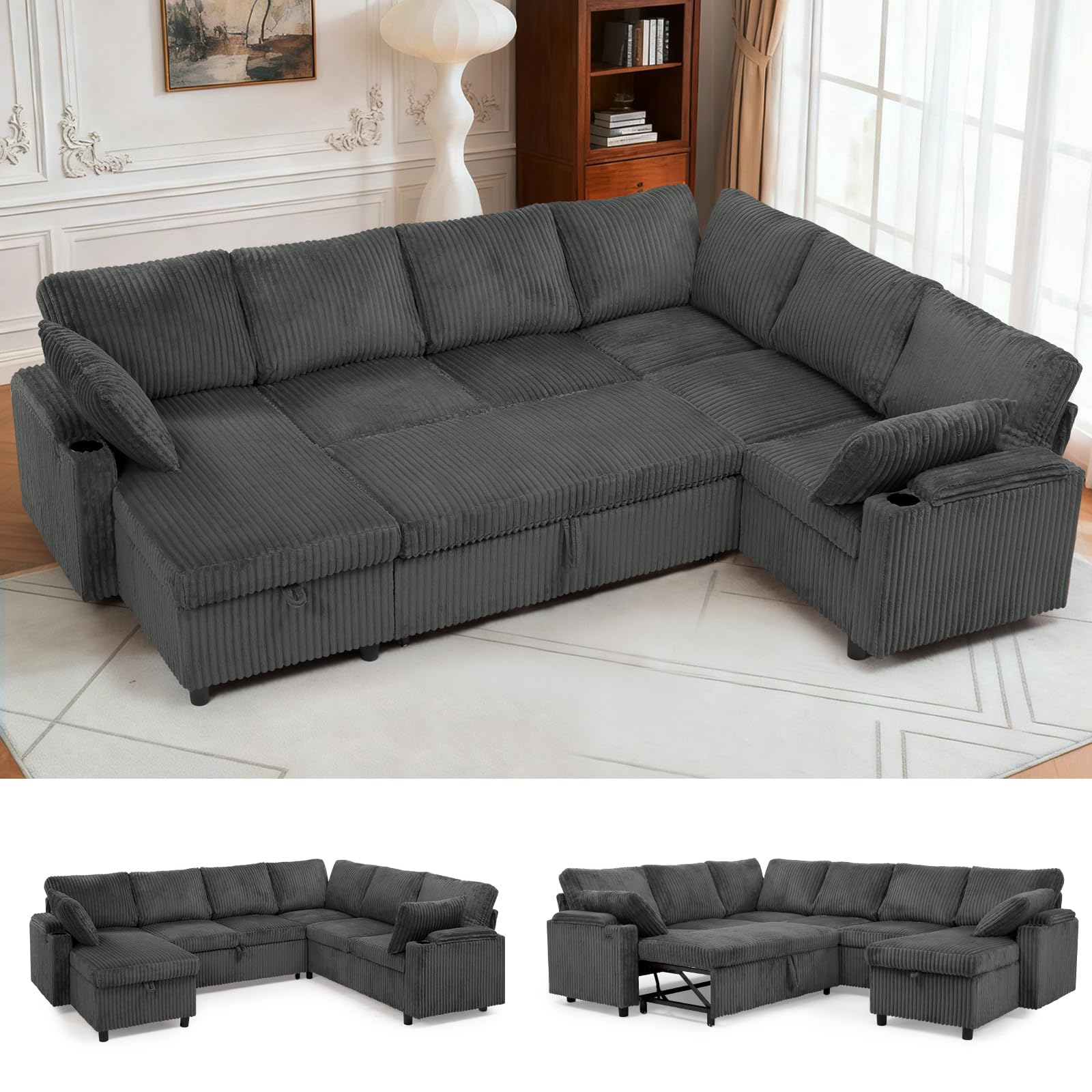 ACMEASE 110” Corduroy Sectional Sofa w/Pull Out Bed & Storage Chaise, Reversible U-Shaped Sofa w/Storage Armrests & Cup Holders, Corner Couch w/USB