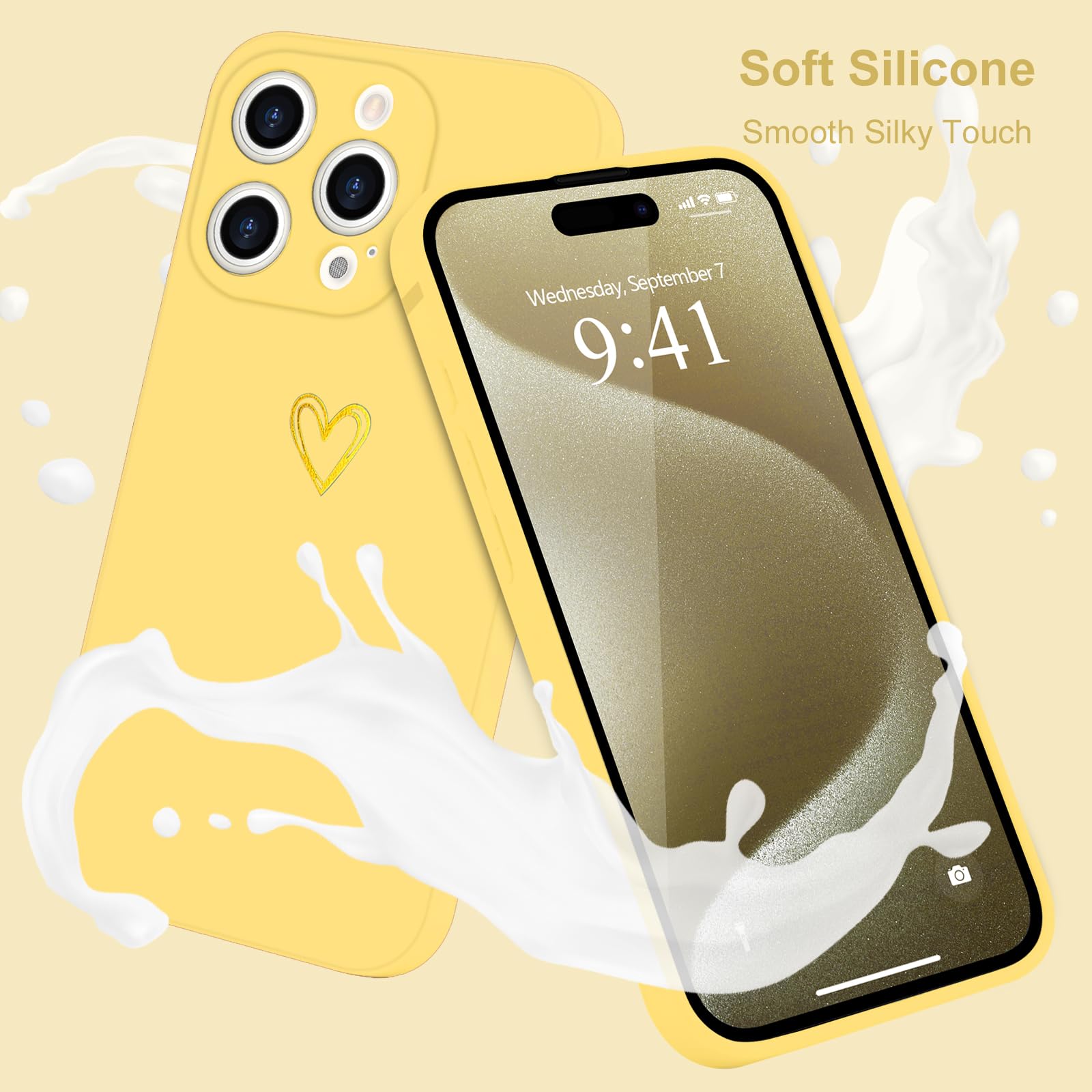 Wirvyuer for iPhone 15 Pro Max Case Cute Heart Pattern Soft Shockproof Protective Silicone Phone Case for Women Girls Yellow - Image 2