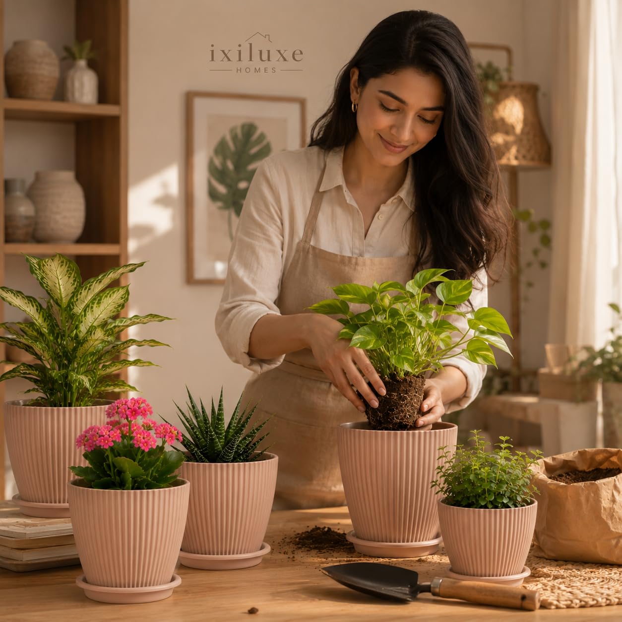 Light Brown Flower Pots Set of 5 - Modern Plant Planters -8 Light Brown Flower Pots Set of 5 - Modern Plant Planters -8