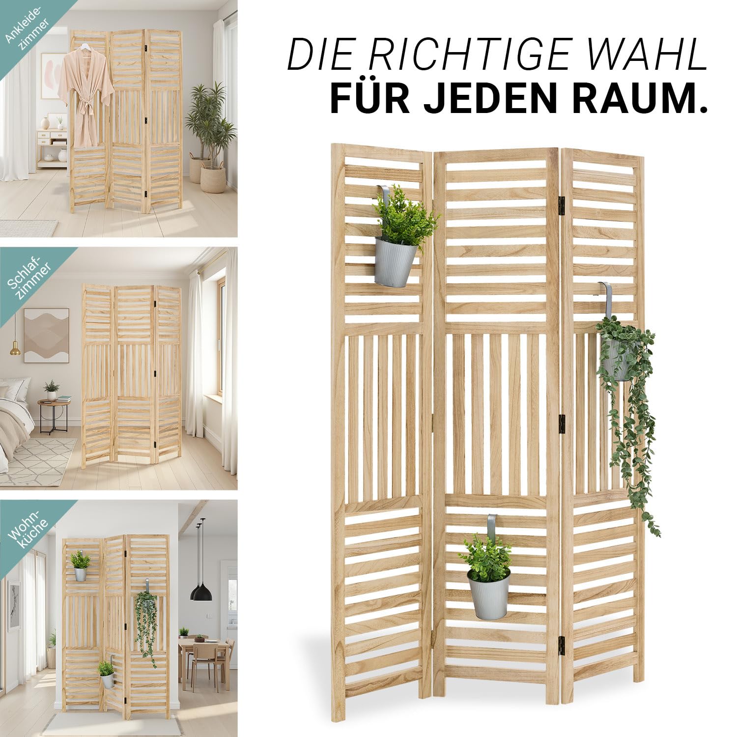 Homestyle4u Parawan, 3-częściowy, do wnętrz, parawan, drewniane lamele naturalne, 170 x 120 cm, ścianka działowa, ochrona przed wzrokiem, drewno wolnostojące
