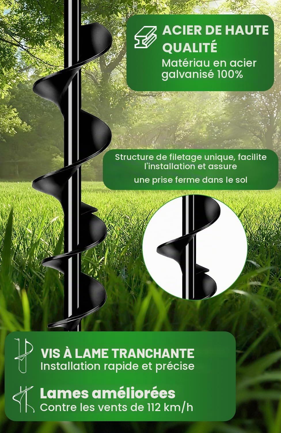 Lot de 4 piquets d'ancrage au sol de 48 cm avec sangles résistantes, ancrages au sol à visser dans le sol pour tentes, balançoires, auvents, particulièrement stables et faciles à installer