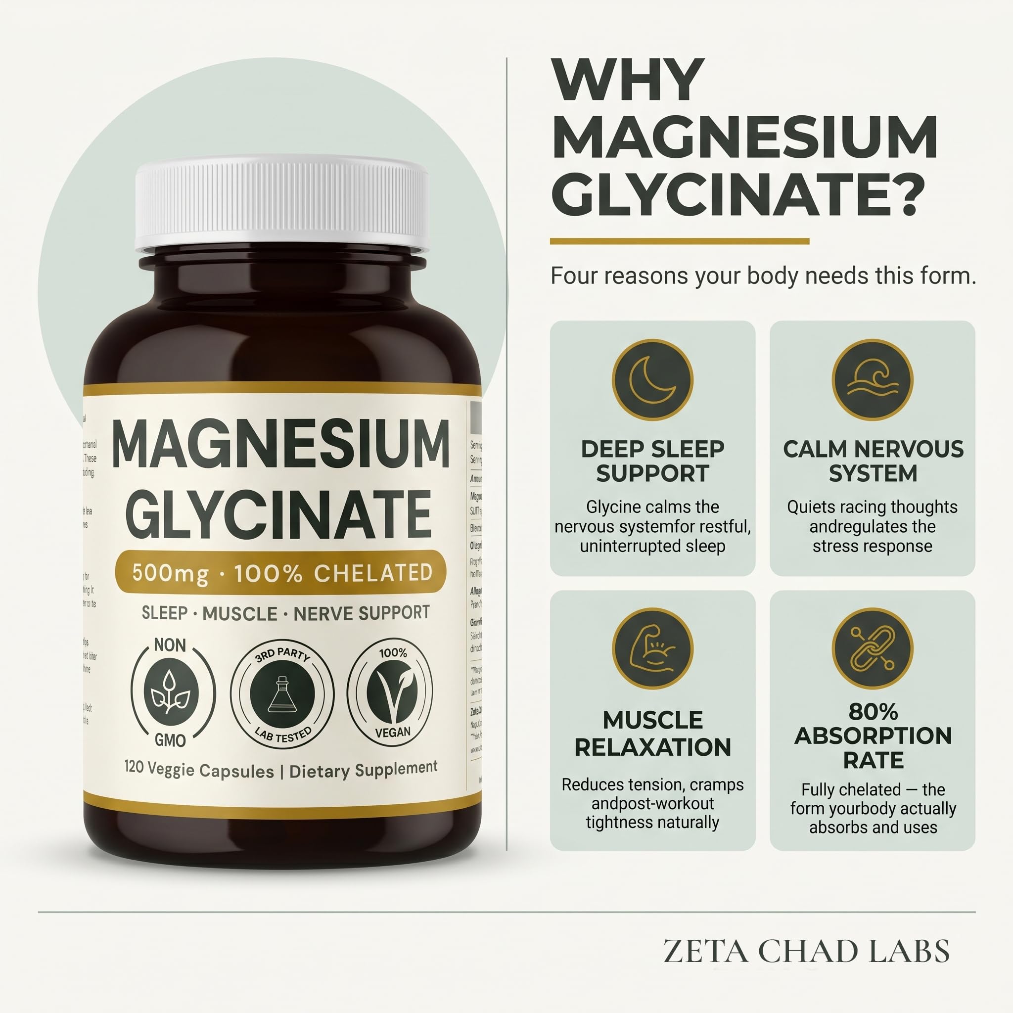 Magnesium Glycinate - 500mg, 120 Capsules, 4 Month Supply, Supports Stress Relief, Sleep, Heart Health, Nerves, Muscles, Metabolism* Vegan, 3rd Party Tested, Gluten Free, Non-GMO by Zeta Chad Labs — Amazon image 3