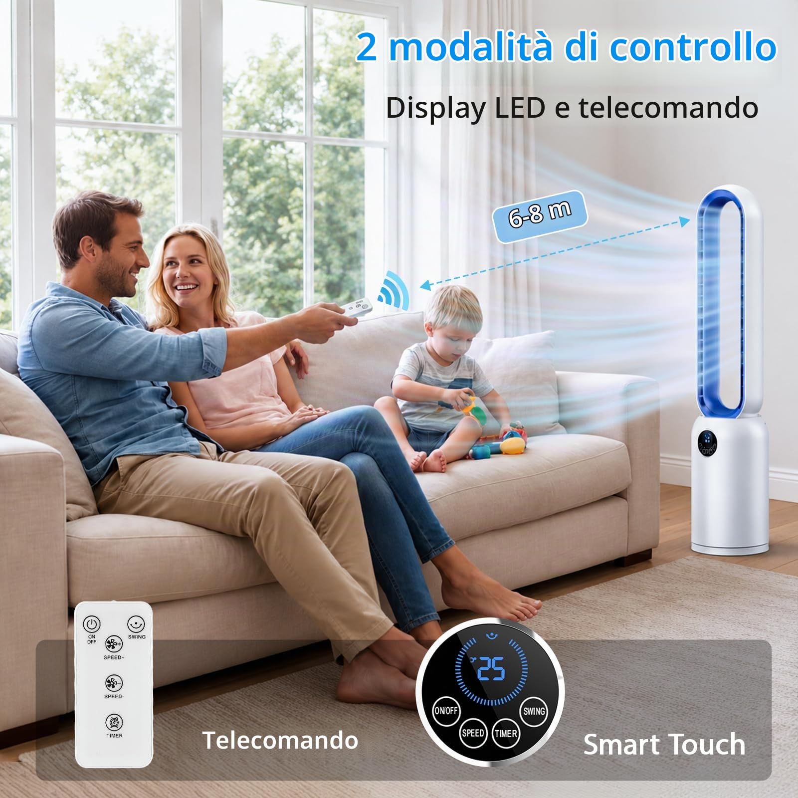 Ventilatore a Torre silenzioso, 24 Velocità, Oscillazione a 60°, Display a LED, Timer 12 Ore, Ideale per Camera da Letto, Ufficio, Soggiorno e Cucina