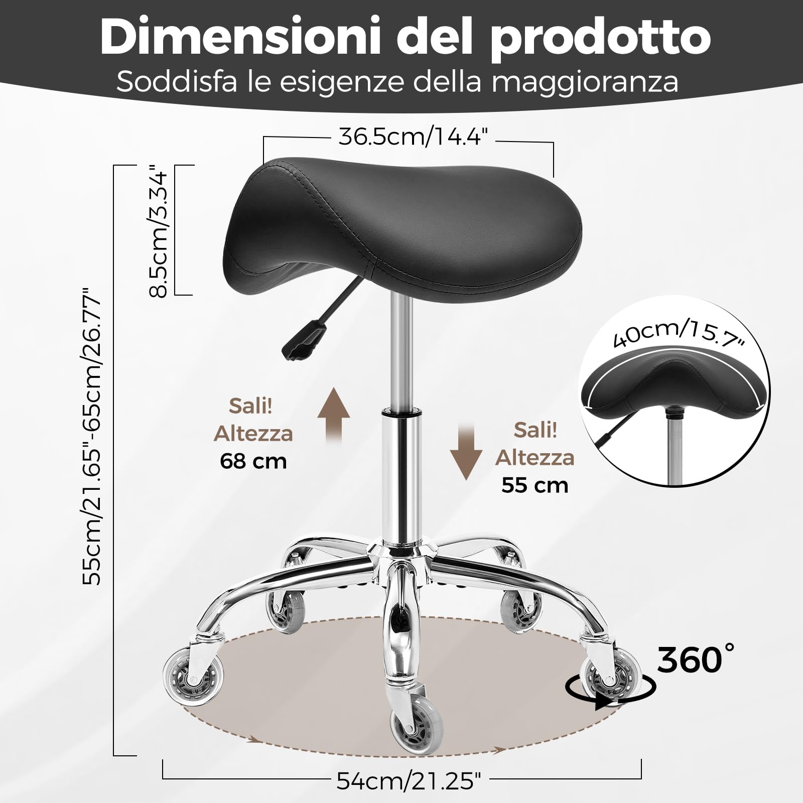 BEWISHOME Sgabello a Sella Ergonomico con Ruote, Regolazione Idraulica dell’Altezza, Ampio Cuscino di Seduta, Adatto per Saloni di Parrucchiere e Bellezza, Centri Massaggi e Benessere (Nero)