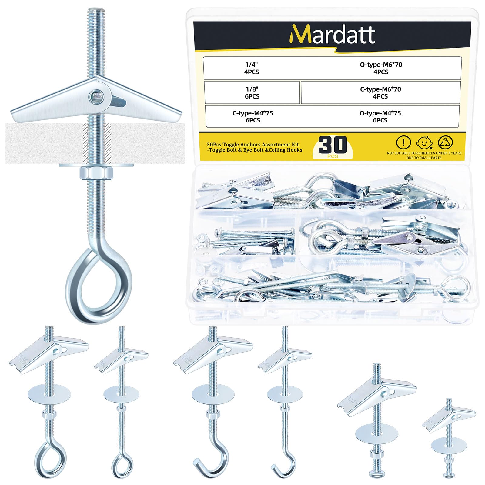 Mardatt 30Pcs Toggle Bolts Kit, M4 M6 Toggle Bolt Eye Bolt Butterfly Anchors, Drywall Anchors with Wing Nut for Hanging Heavy Items