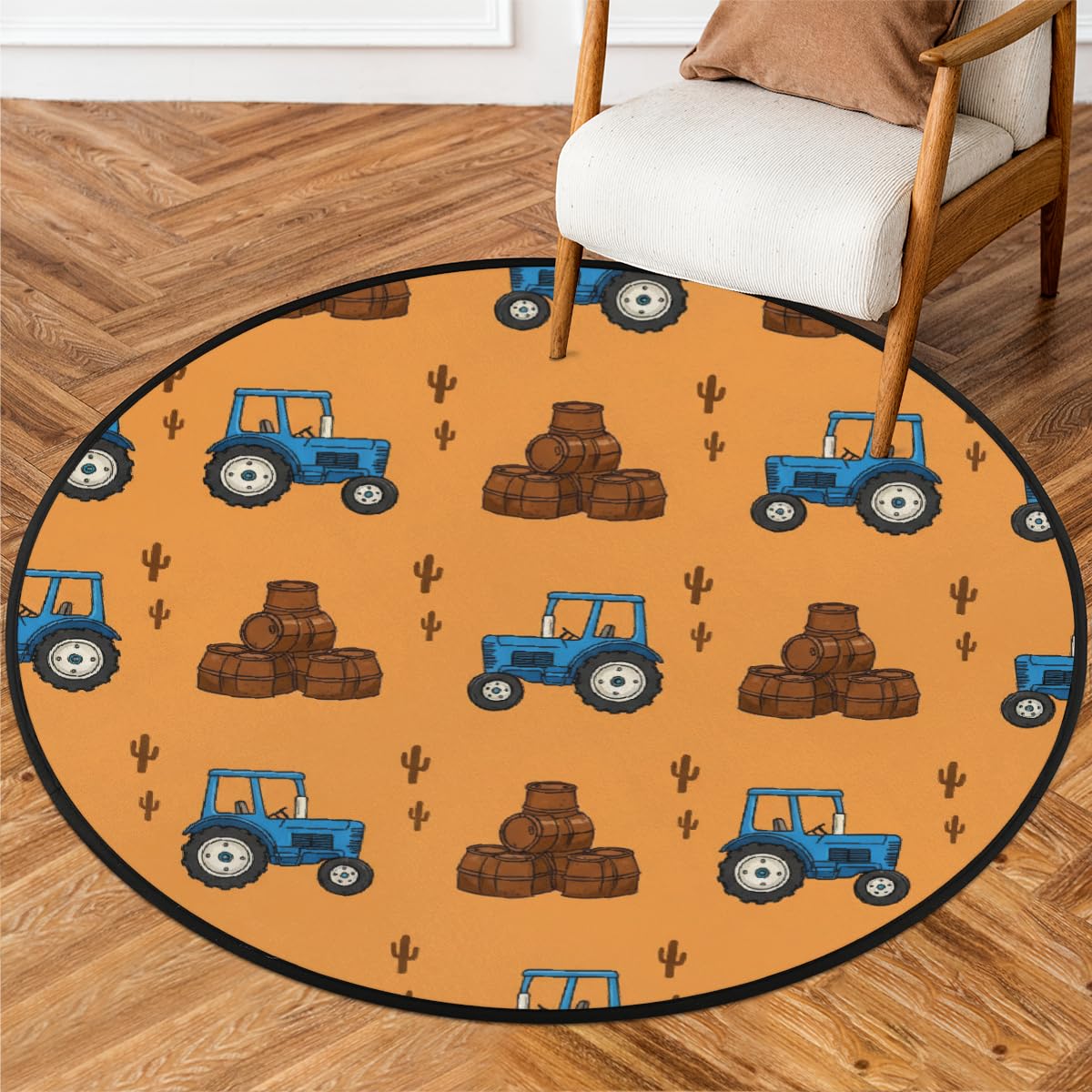 Tapis rond lavable pour chambre et salon anti-glisse tracteur bleu