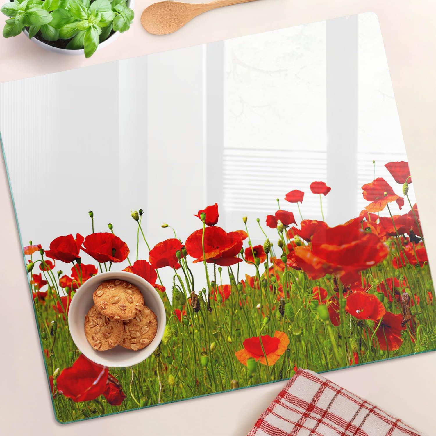 Küchenbrett Glas 60x52 cm Lebensmittelecht Rutschfest Silikonfüße Antibakteriell Dekorativ Dünn Glasplatte Hitzebeständig für die Küche Gehärtetes Glas Plastikfrei - Feldmohn