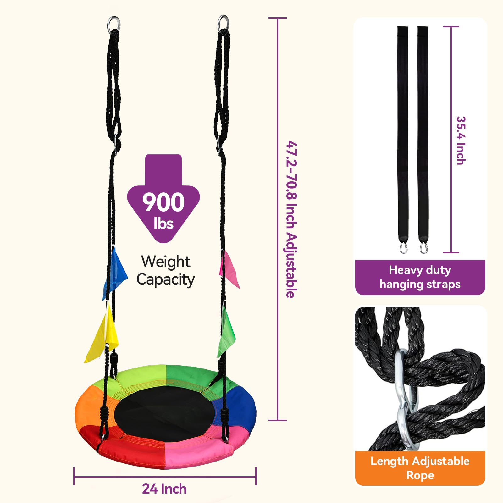 HeyZoo Baumschaukel, 61 cm Untertassenschaukel für Kinder, 408 kg Tragkraft, mit verstellbaren Aufhängeriemen, robustes 900D-Oxford, für Outdoor-Spielplatz, Hinterhof, 6 Farben gemischt