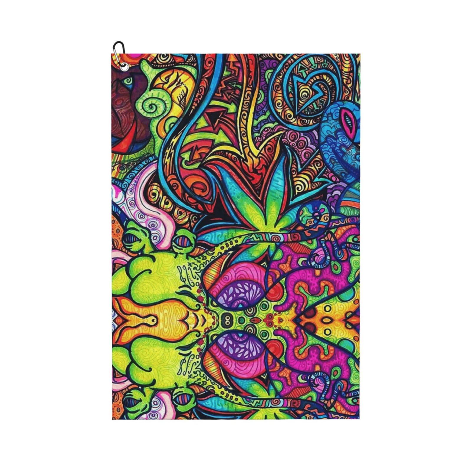 peiyeety Trippy Weed Microfiber Golf Towel with Carabiner Clip, 16x24 Inch Absorbent Waffle Weave Towel for Golf Bags