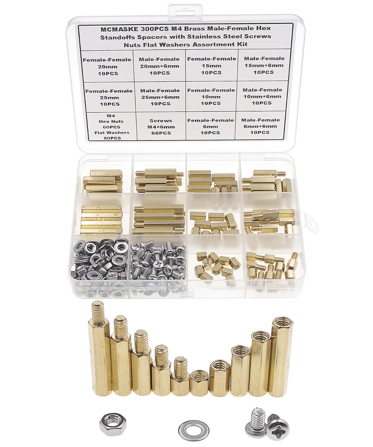 300PCS M4 Brass Male-Female Hex Standoffs Spacers Screws Nuts Flat Washers Assortment Kit;Female Lengths:6mm to 25mm