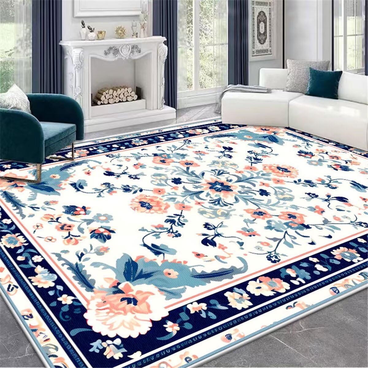 Tapis chambre bébé floral rose et bleu retro 80x120cm pour decoration