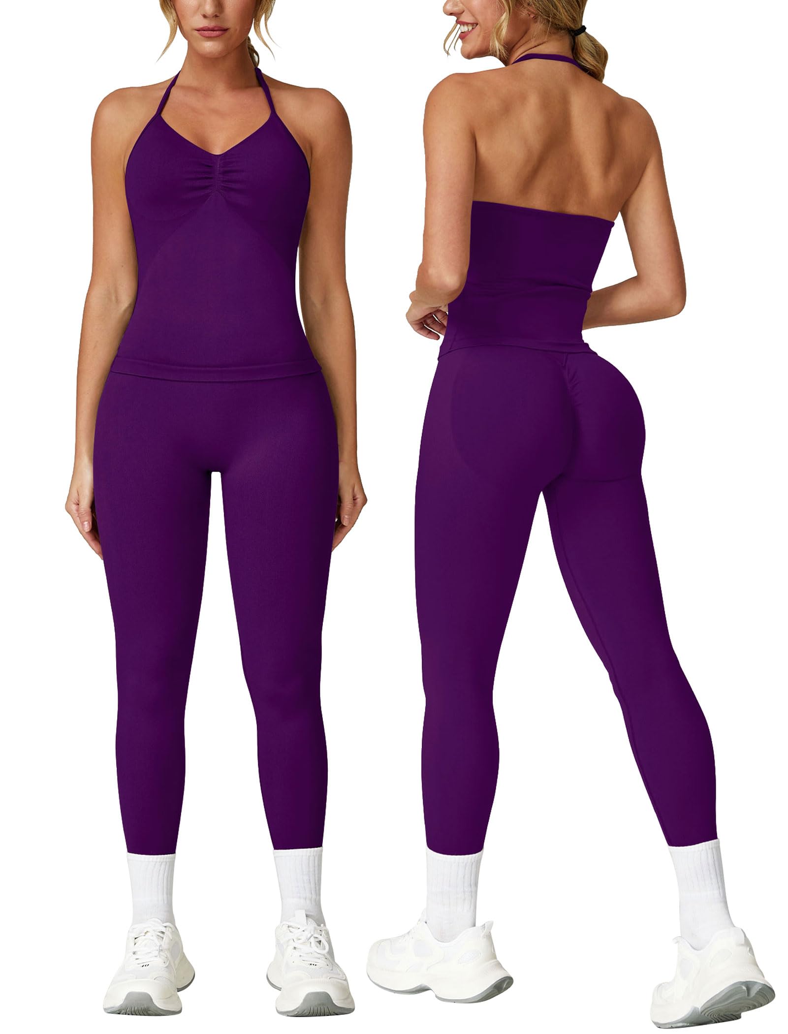 ABOCIW Workout Sets for Women Seamless Scunch Butt Lifting Impact Leggings Longline Strappy Top 2 Piece Gym Outfits: Grape X-Large