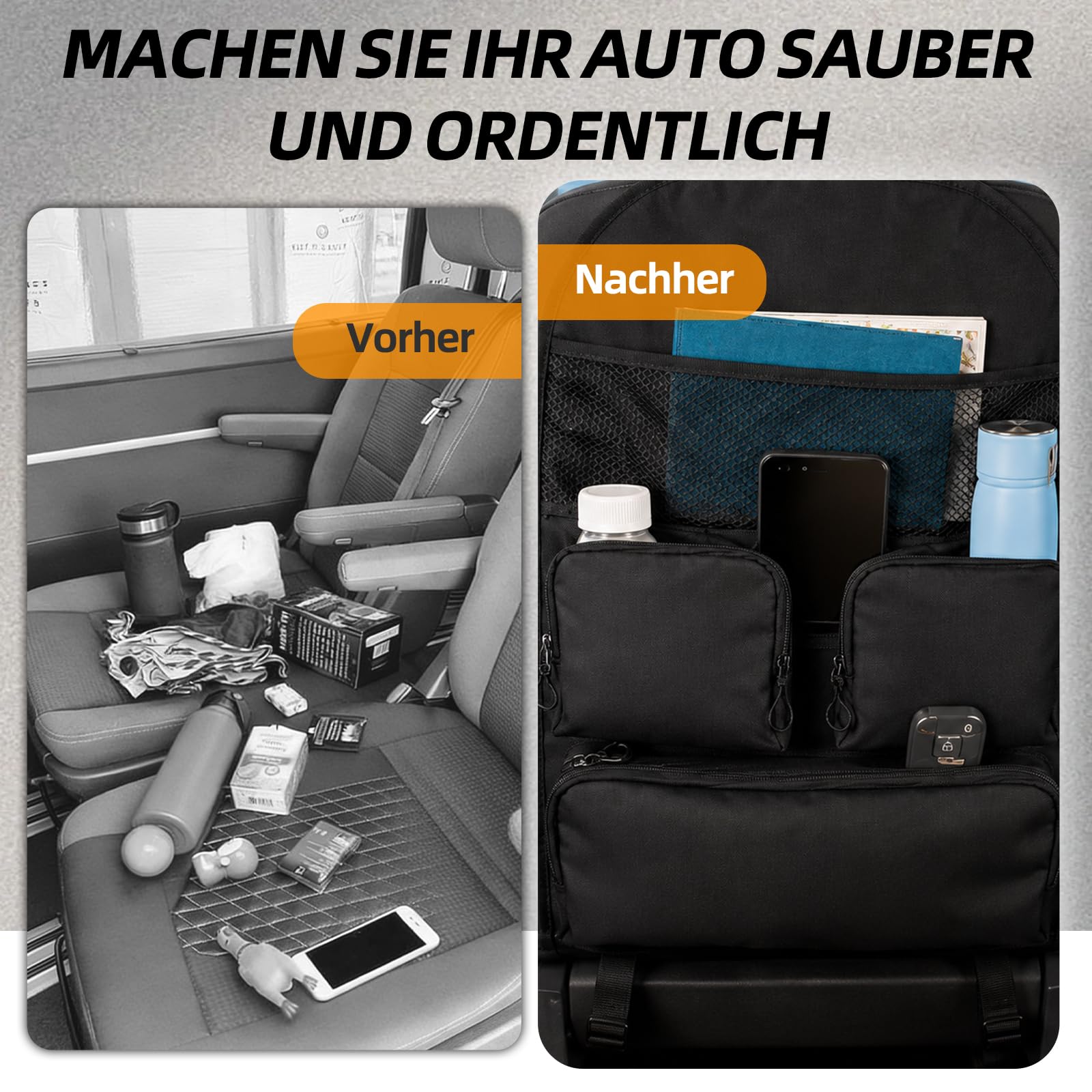 Organizer-Tasche für einen Autositz, Aufbewahrungstasche mit mehreren Fächern, passend für Volkswagen T5, T6 und T6.1, wasserdicht und feuchtigkeitsbeständig, ideal für Camping und Reisen