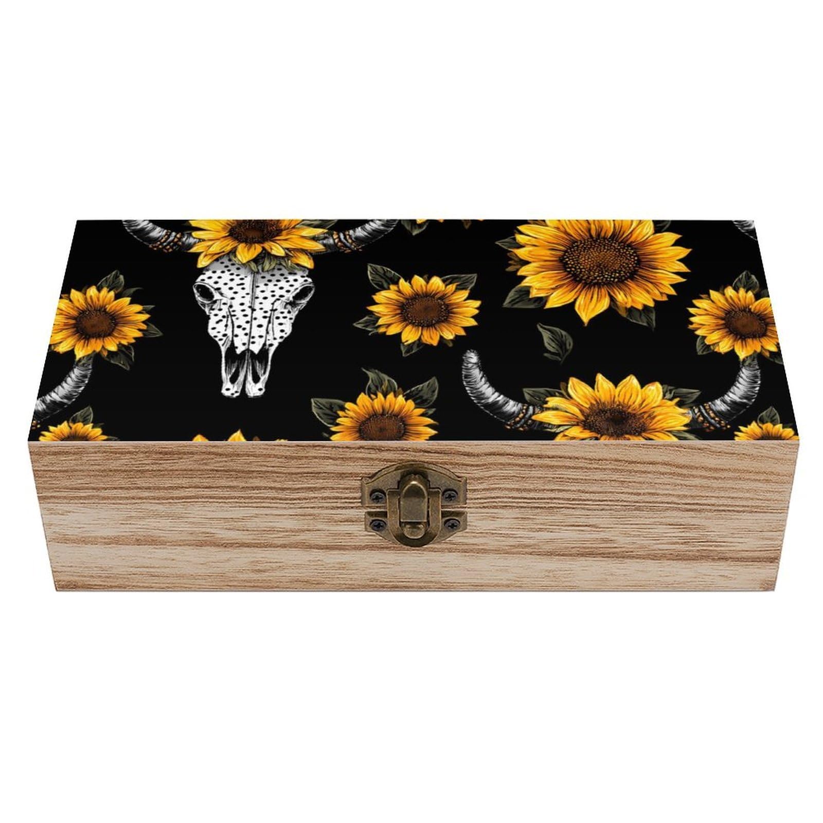 HLBSDM Cow Skull Sunflower Wooden Box with Hinged Lid Decorative Storage Case Container