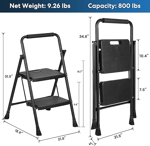 Miniatura 10 de Escalera de 3 escalones, taburete plegable para adultos con pedal antideslizante ancho, escalera de acero resistente, ligera, cómoda empuñadura,