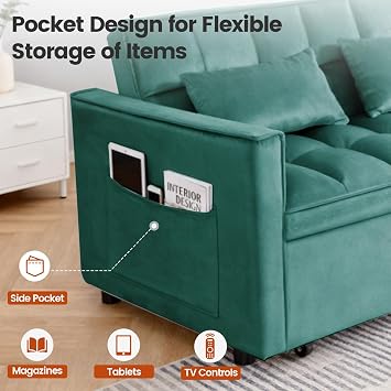 Convertible Sofa Bed, Pull Out Couch with Side Pockets, 3 in 1 Velvet Fabric Loveseat Sleeper Sofa Bed, Pull Out Couch with Adjustable Backrest for Living Room, Bedroom, Apartment, Green