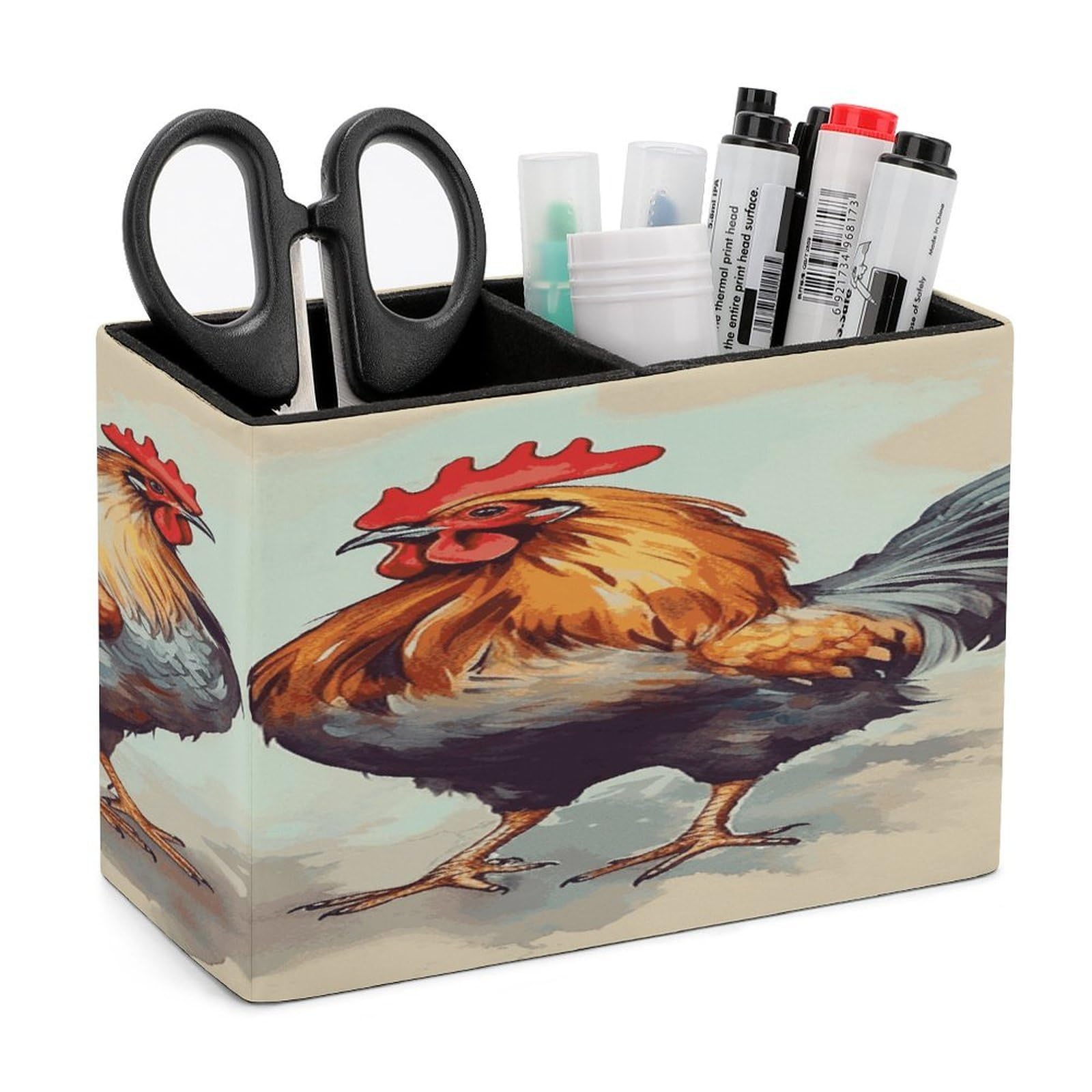 LDGSUPH Rooster And Hen Leather Pen Holder for Desk Organizer Caddy Large Pencil Cup Multi-function Pencil Holder Makeup Brush Holders Pen Organizer for Home Office Storage Box